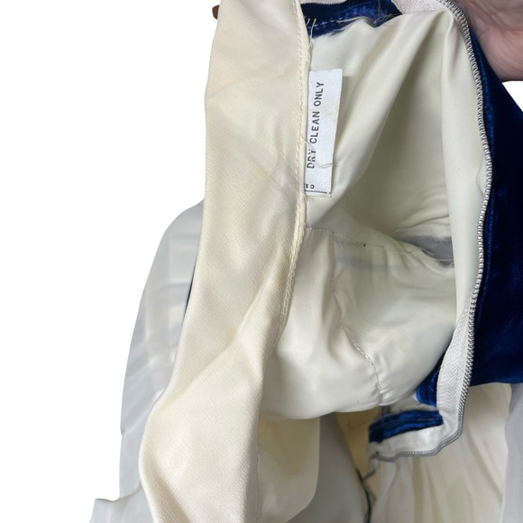 Vintage Velvet Chiffon Long Sleeve Maxi Dress Floral Applique Blue White - Picture 9 of 16